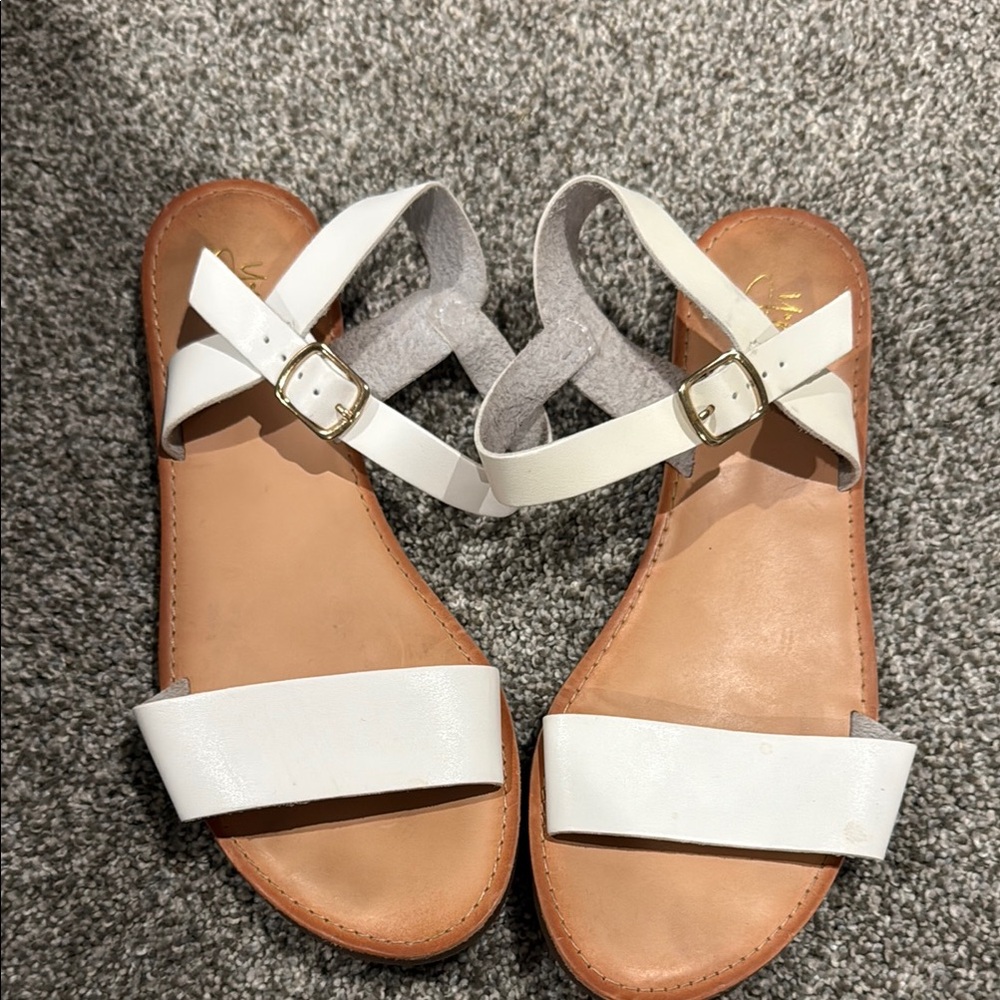 White and Tan Strap Sandals with Ankle Buckle